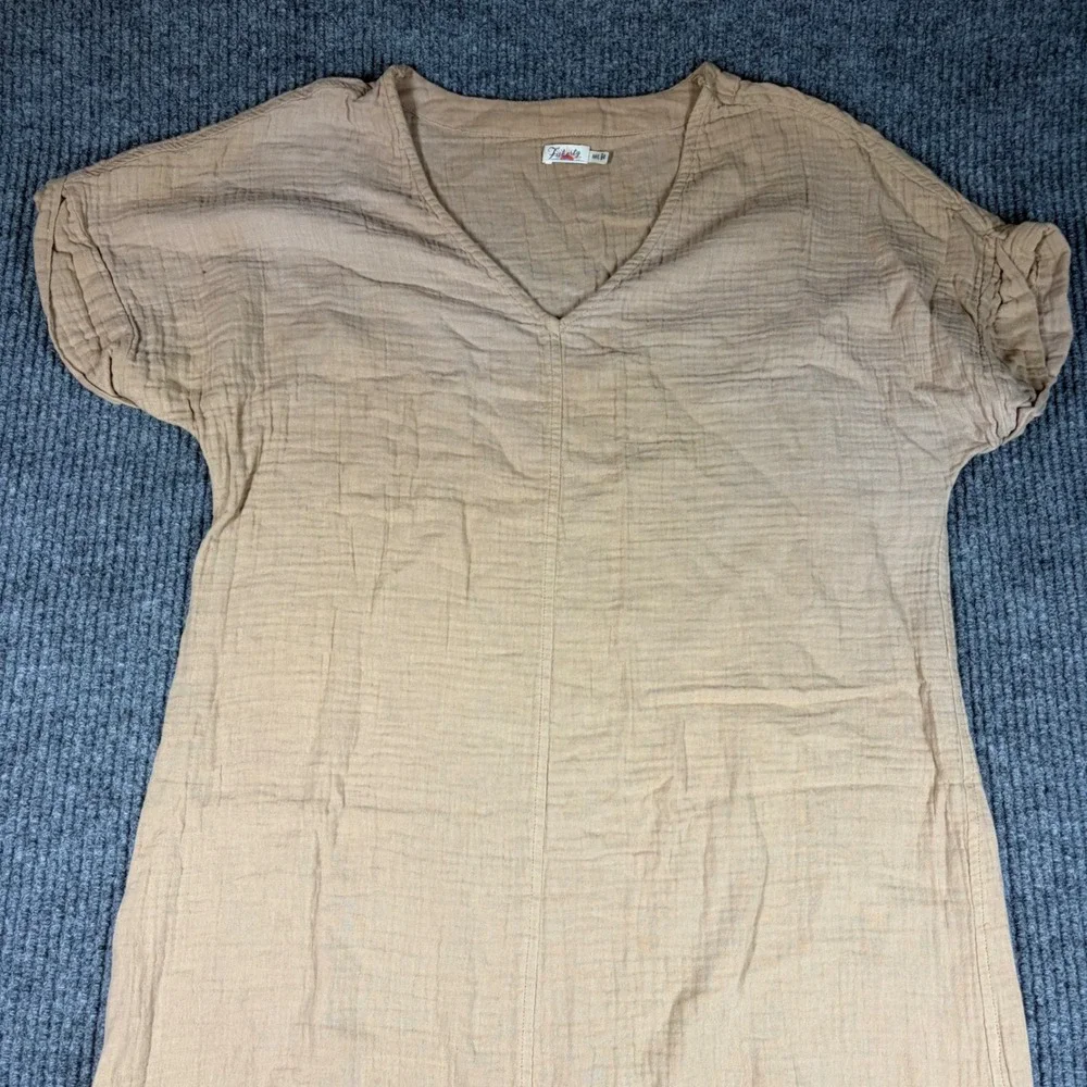 Faherty Dress Womens M/L Cloud Cotton Midi Tan V-Neck Short Sleeve Side Slit